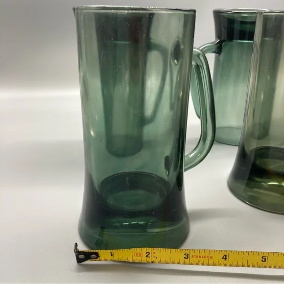 Mid Century Modern Glass set of 4 Beer Mug - Smoked Green Colored Barware EVC - Picture 5 of 6